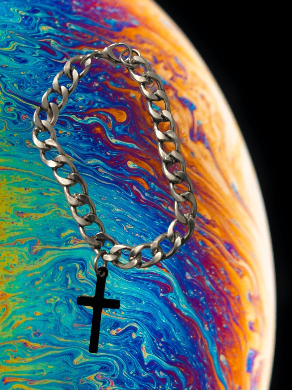 Women’s Silver Chain Bracelet with Black Cross Charm